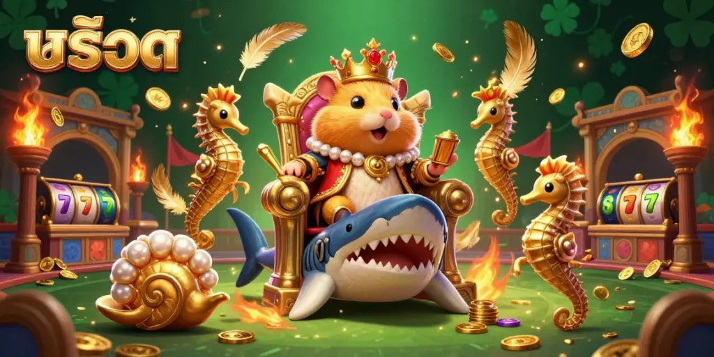 Engage in thrilling สล็อต gameplay featuring a golden hamster king on a megalodon throne, surrounded by royal guards, slot reels, and vibrant gaming elements.