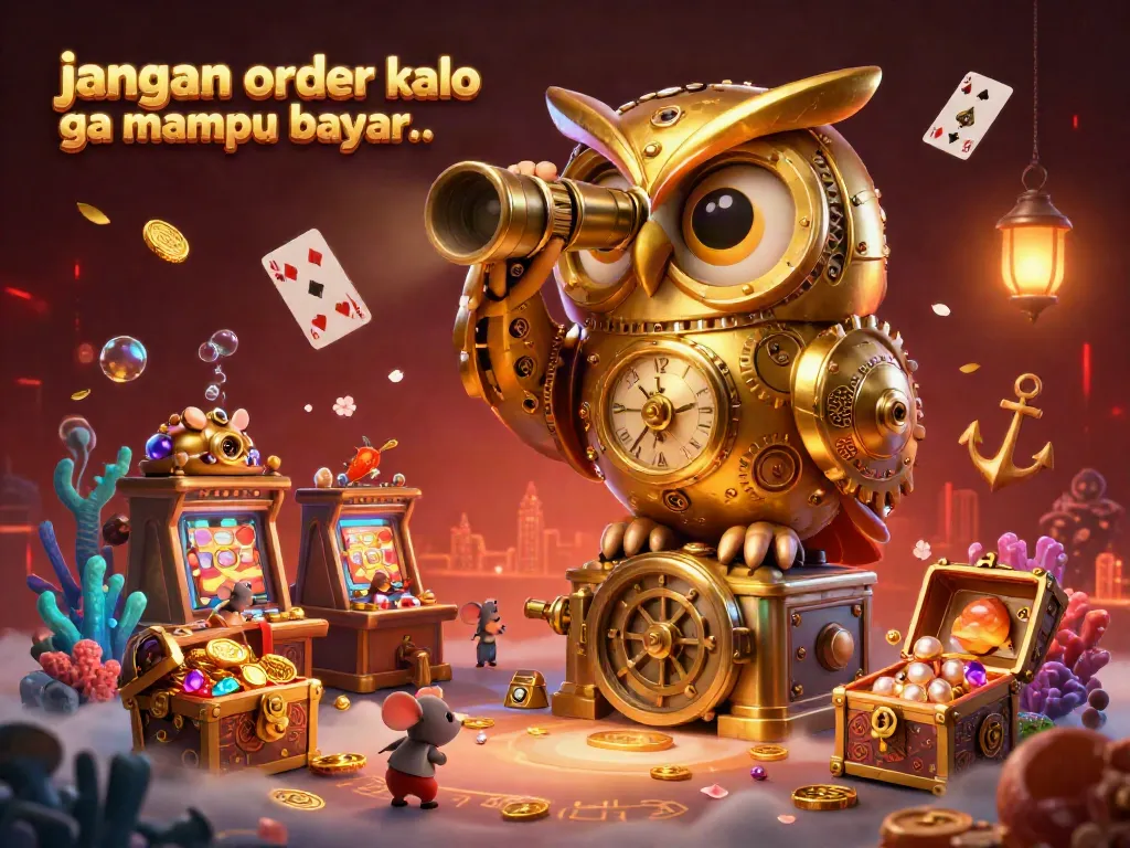 A dynamic casino scene with a clockwork owl and mice, celebrating jangan order kalo ga mampu bayar.. through vibrant game elements and treasure.