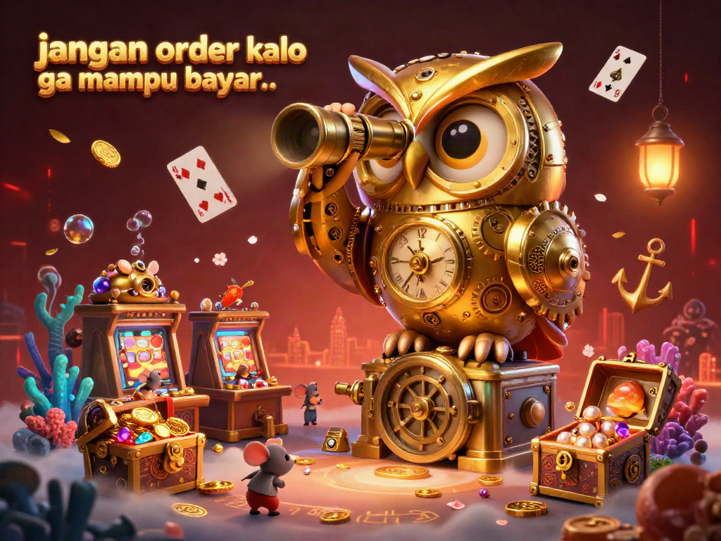 A dynamic casino scene with a clockwork owl and mice, celebrating jangan order kalo ga mampu bayar.. through vibrant game elements and treasure.
