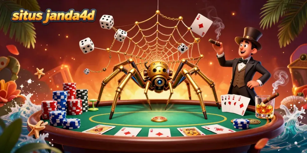 Memenangkan permainan di situs janda4d saat dikelilingi jaring laba-laba emas dan dadu malang.