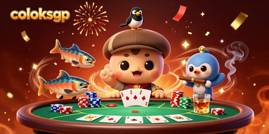Karakter lucu dengan poker dan chip di tema coloksgp saat bermain.