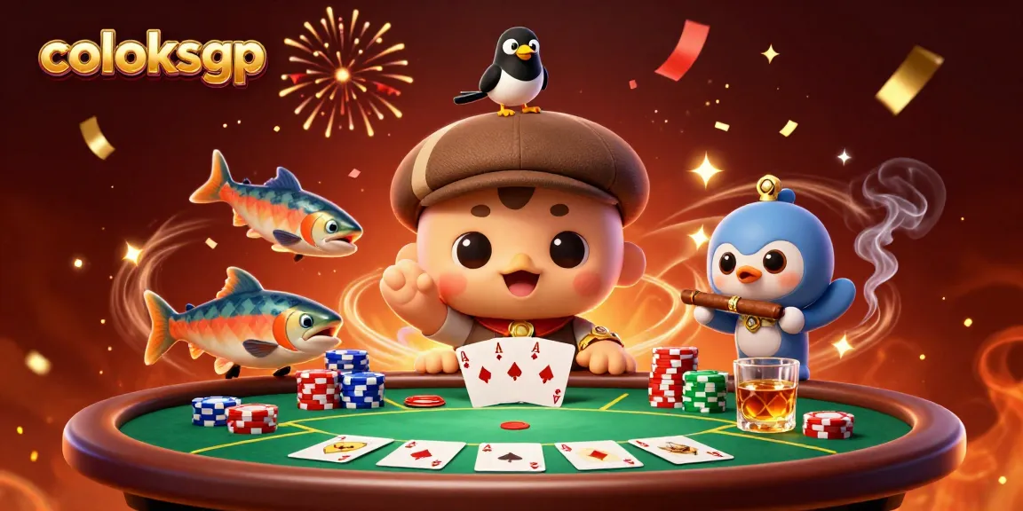 Karakter lucu dengan poker dan chip di tema coloksgp saat bermain.