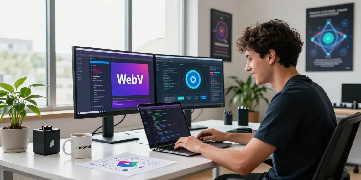 Web3 software developer working on decentralized application coding in a modern office, showcasing vibrant blockchain interfaces and tech gadgets.