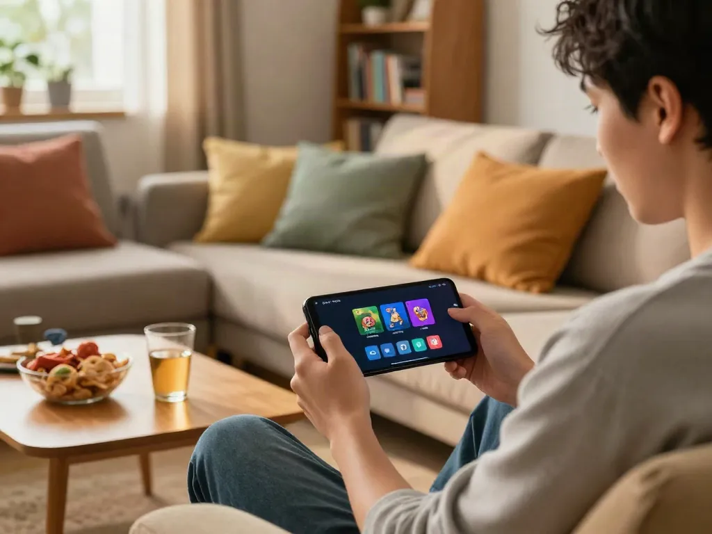 Engaged adult playing Yono games on smartphone in cozy living room