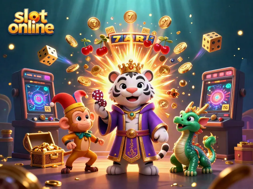 Experience excitement with slot online as a tiger, monkey, and dragon celebrate jackpots amidst a vibrant casino scene.