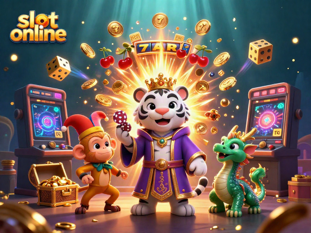 Experience excitement with slot online as a tiger, monkey, and dragon celebrate jackpots amidst a vibrant casino scene.