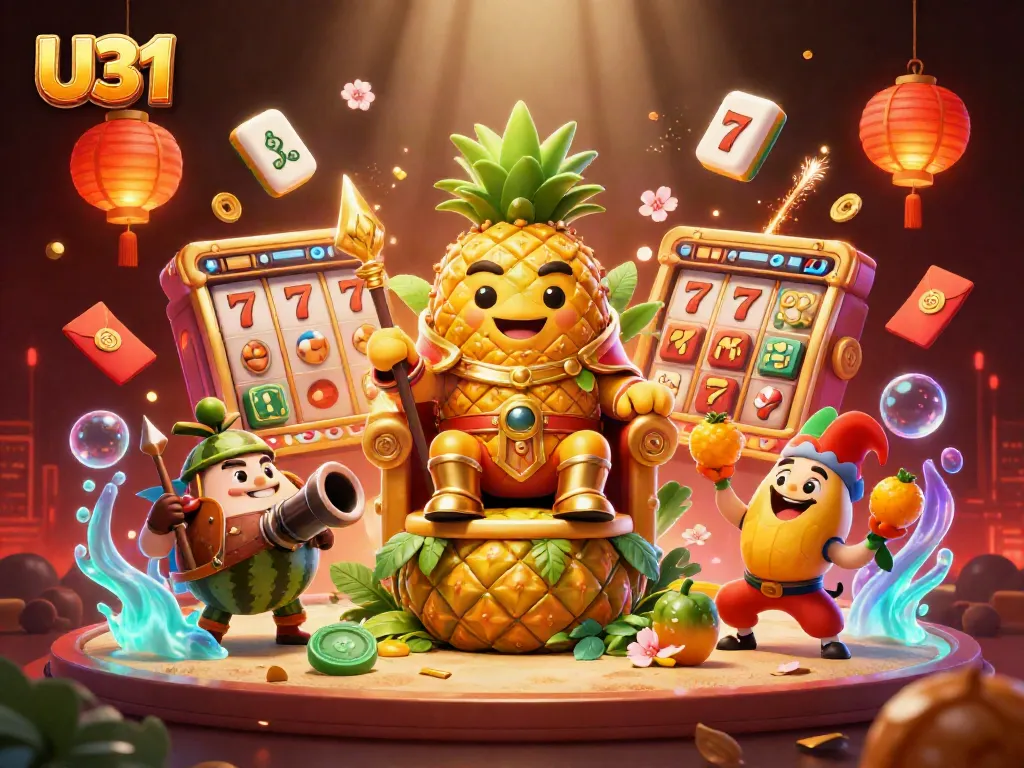 Play exciting slots at U31's vibrant casino, featuring the golden pineapple king and dynamic characters.