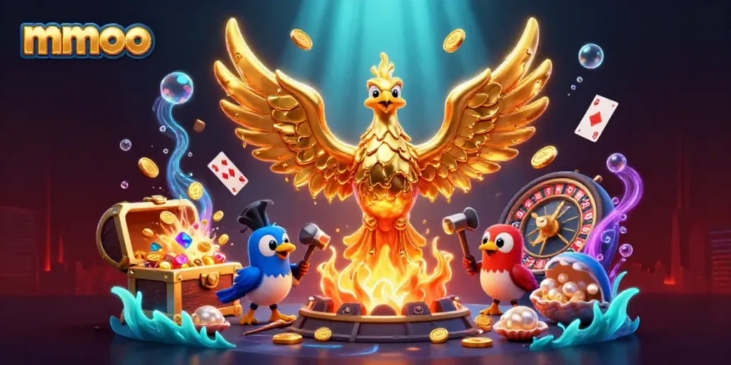 mmoo showcases a molten golden phoenix and gaming elements, highlighting casino excitement.