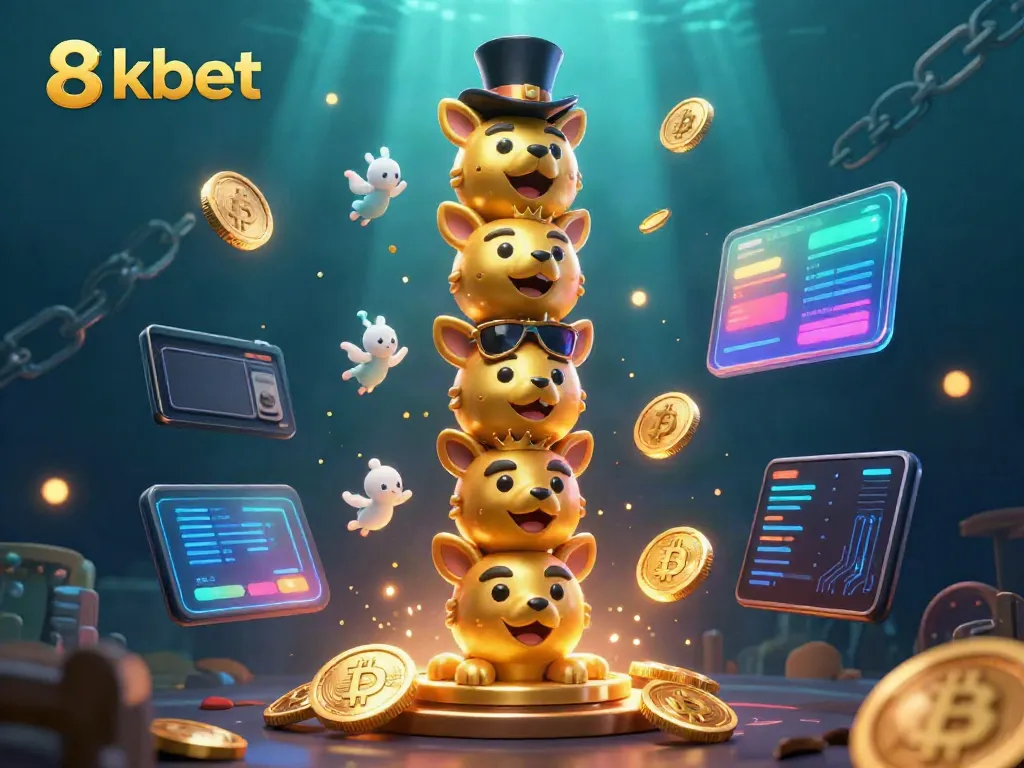 Experience the excitement of 8kbet with a vibrant 3D illustration featuring a magical totem and cryptocurrency elements.