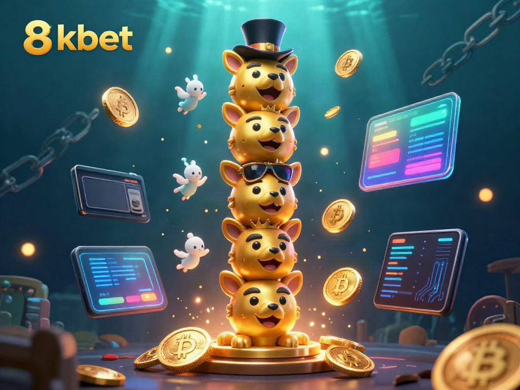 Experience the excitement of 8kbet with a vibrant 3D illustration featuring a magical totem and cryptocurrency elements.