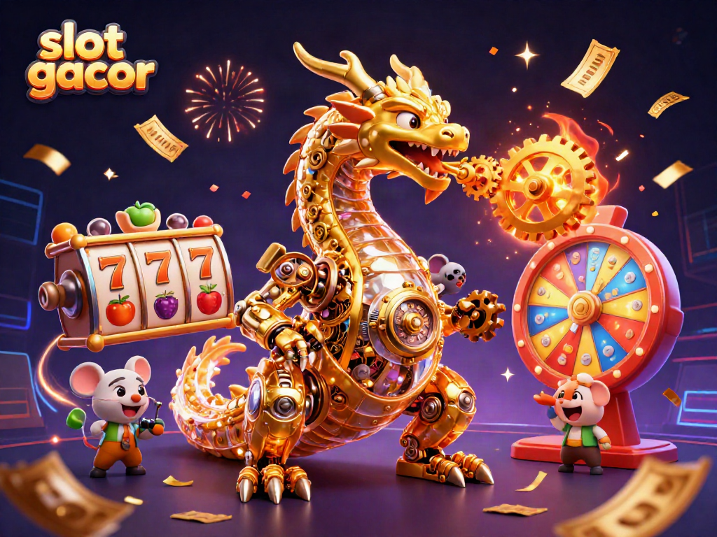 Experience thrilling slot gacor action with a golden dragon, jackpot symbols, and vibrant casino elements.