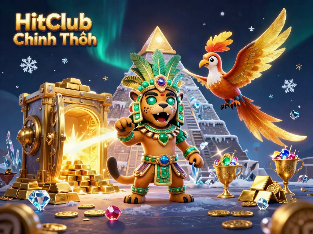 HitClub Chính Thức showcases an exciting casino scene with vibrant characters, gold treasures, and mystical elements.
