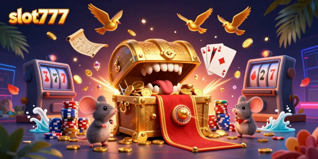 Play vibrant slot777 games with interactive treasure chest and casino elements.