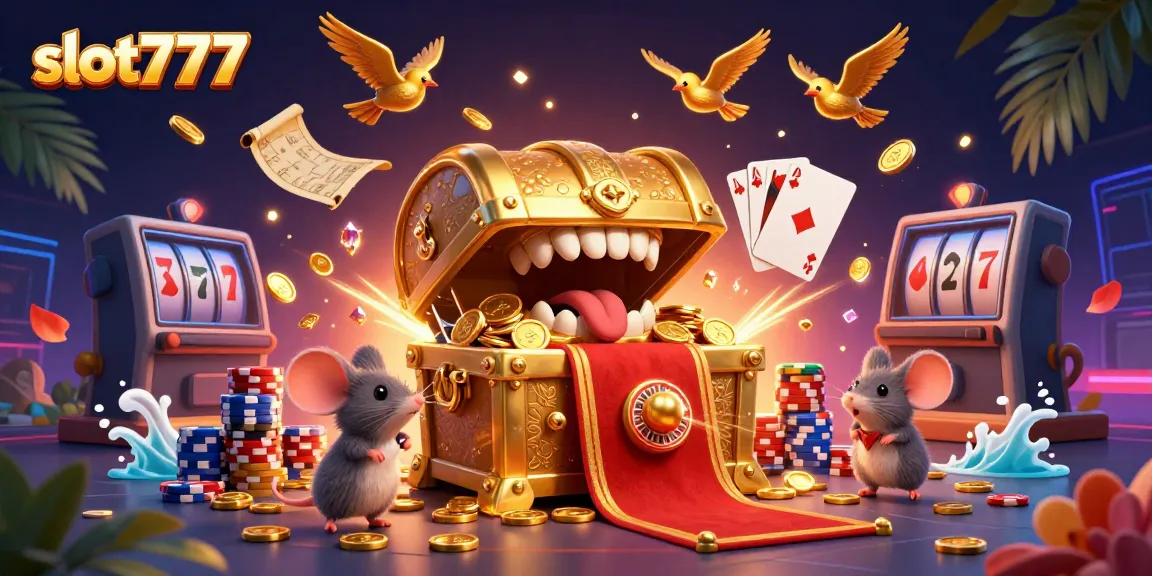 Play vibrant slot777 games with interactive treasure chest and casino elements.