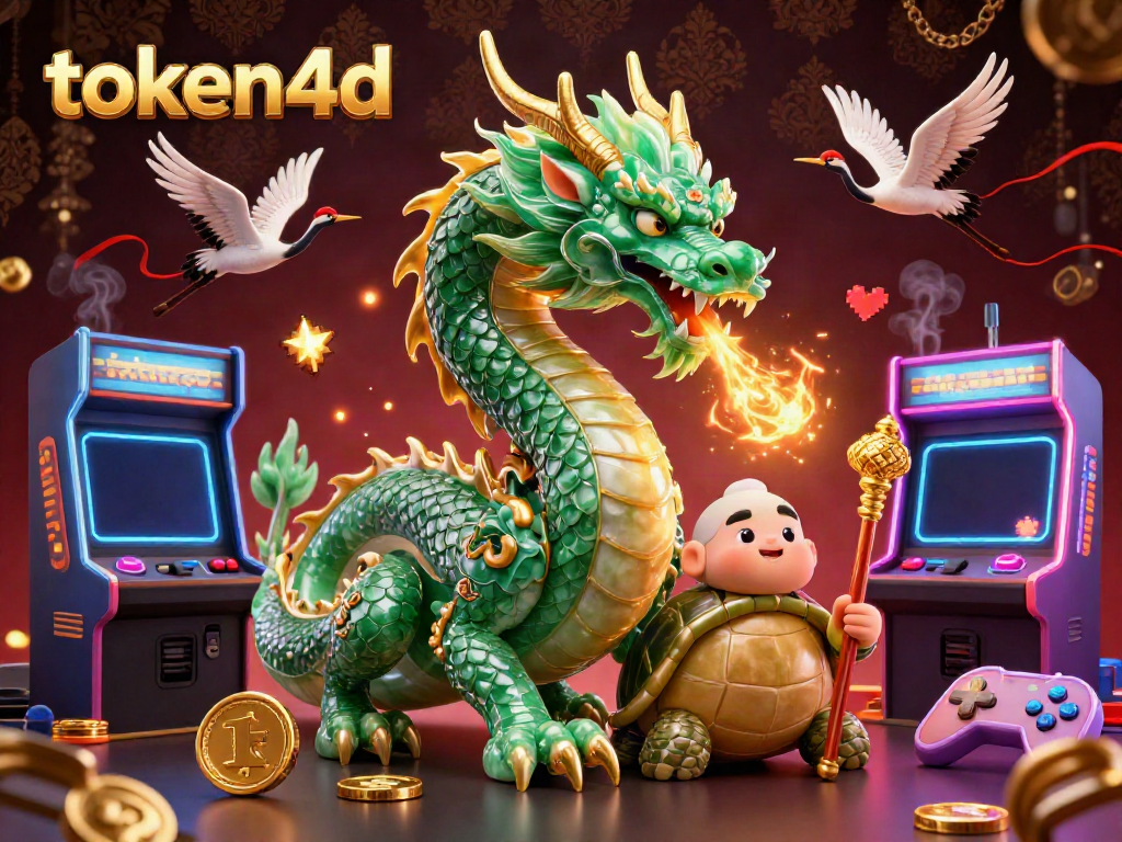 Ilustrasi 3D token4d dengan naga zamrud, kura-kura bijak, dan bangau keberuntungan yang menggambarkan suasana kasino yang memikat.