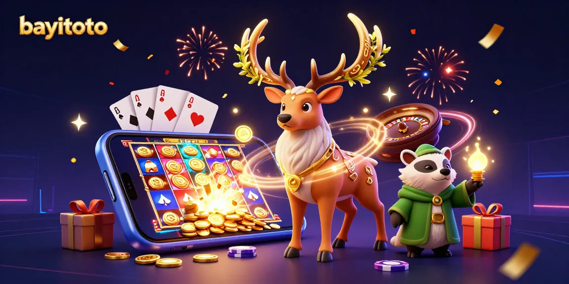 bayitoto gamers spin reels and win with colorful slot games, 3D casino celebration scene