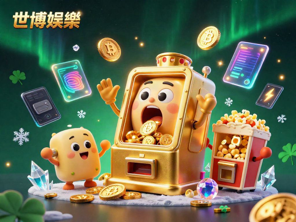 在世博娛樂平台上，金色老虎机兴奋地迎接着它的彩金，同时周围的小老虎机欢呼，展现出在线赌博的乐趣。