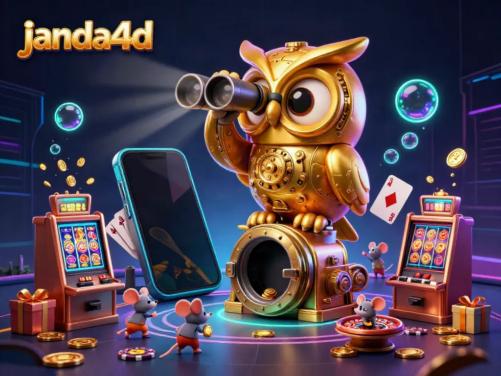 Permainan slot seru di janda4d dengan burung hantu emas yang mengawasi, pengalaman digital menyenangkan.