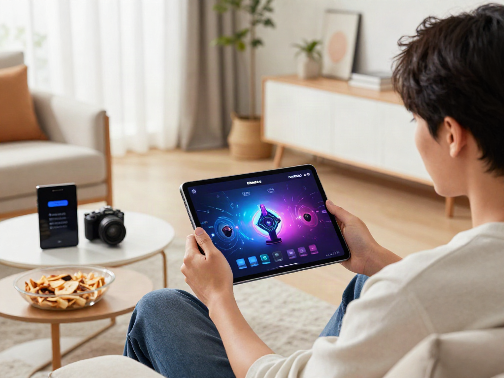 Pengalaman bermain KONEK4D x GRANDBET88 yang nyaman, pengguna menikmati permainan digital di ruang tamu modern.