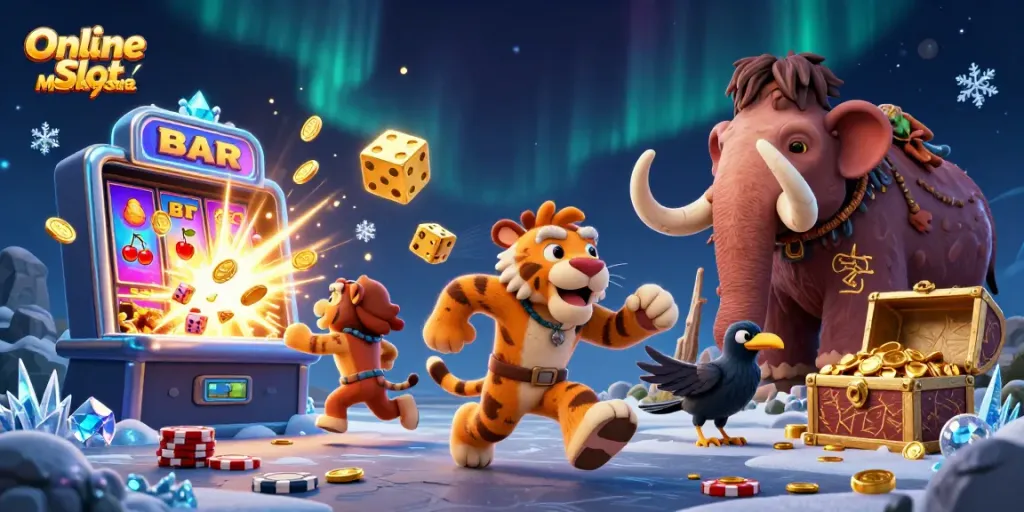 Experience thrilling Online Slot Malaysia action in a vibrant 3D cartoon casino illustration.