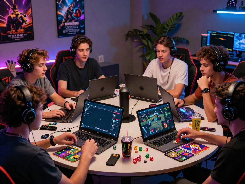 Group of friends engaging with UNSURTOTO gaming setup showcasing vibrant gameplay.