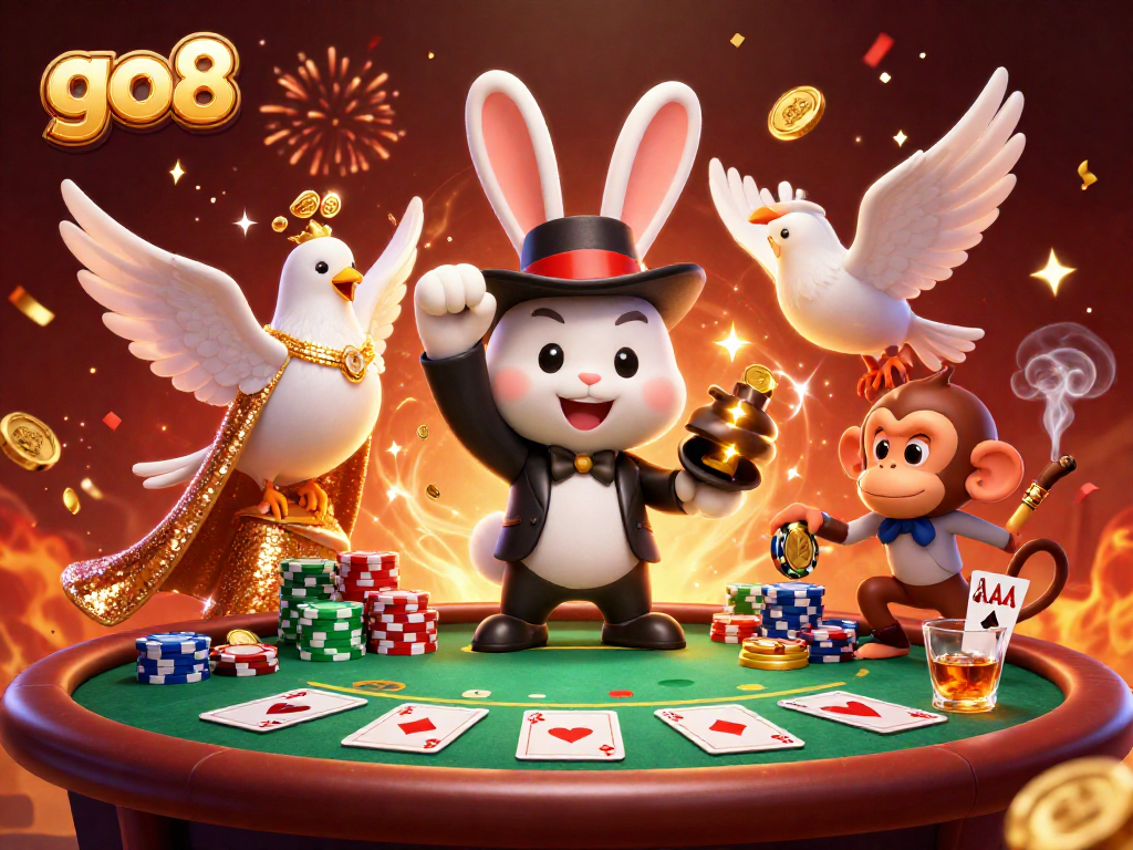 Experience the thrill with go8 as a magician rabbit conjures coins among poker chips and a dazzling dove.