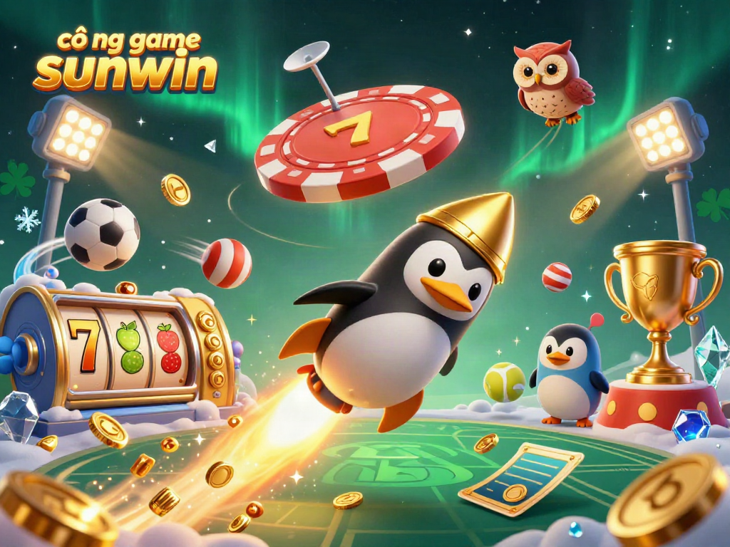 Experience thrilling gameplay at cổng game sunwin with a dynamic scene featuring a golden penguin and exciting casino elements.