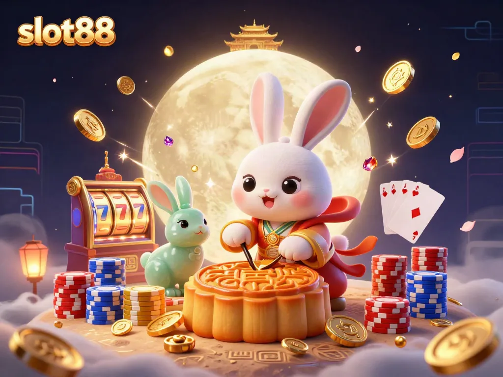 Slot88 menawarkan permainan slot yang menakjubkan dengan ilustrasi kelinci bulan dan koin emas yang berputar.