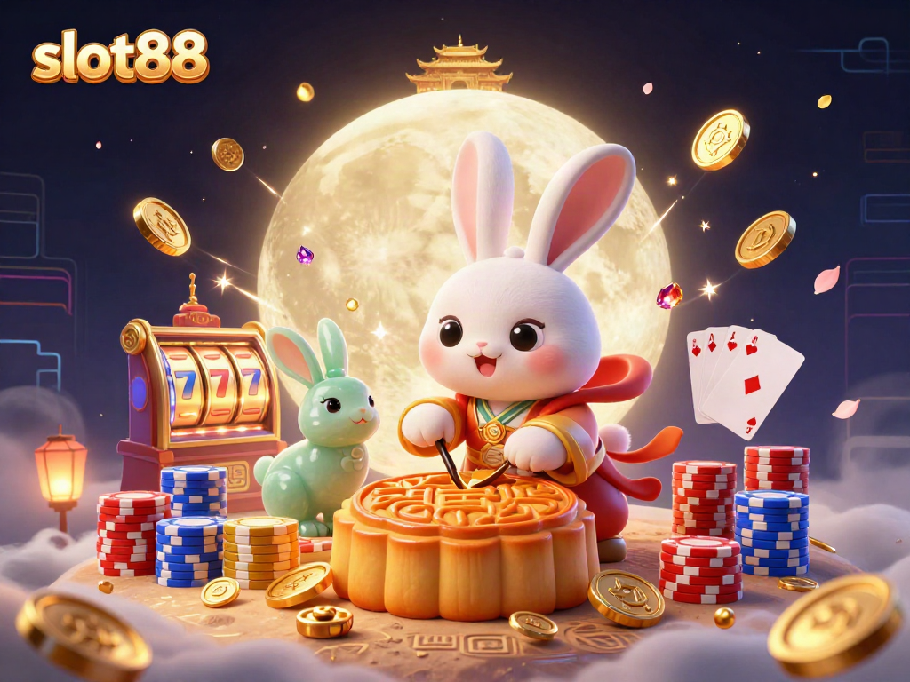 Slot88 menawarkan permainan slot yang menakjubkan dengan ilustrasi kelinci bulan dan koin emas yang berputar.