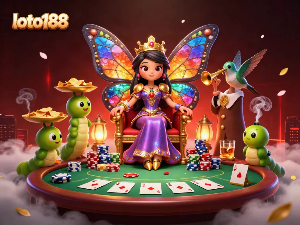 Experience the vibrant loto188 gambling universe with a colorful butterfly queen surrounded by poker elements and rich detailing.