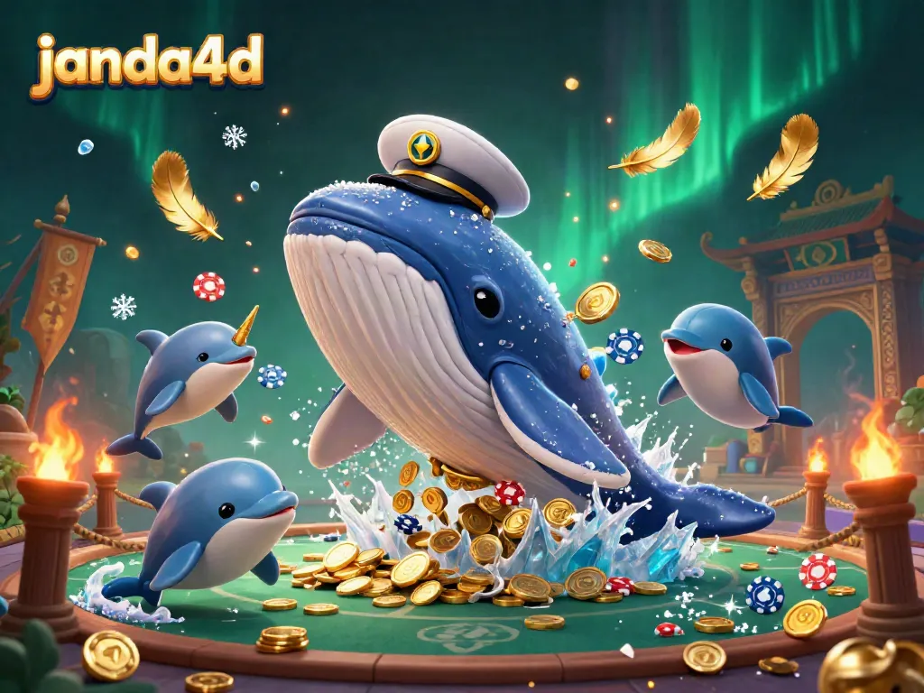 Menang besar dengan janda4d, ikan paus 3D raksasa dan dolfins bermain chip poker di lautan koin.