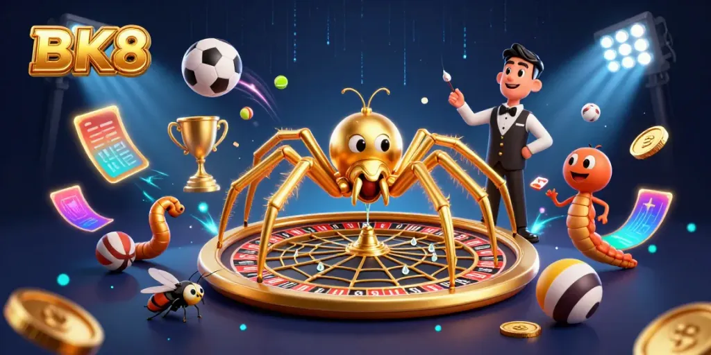 Betting action at BK8 featuring a golden spider croupier and dynamic sports elements.