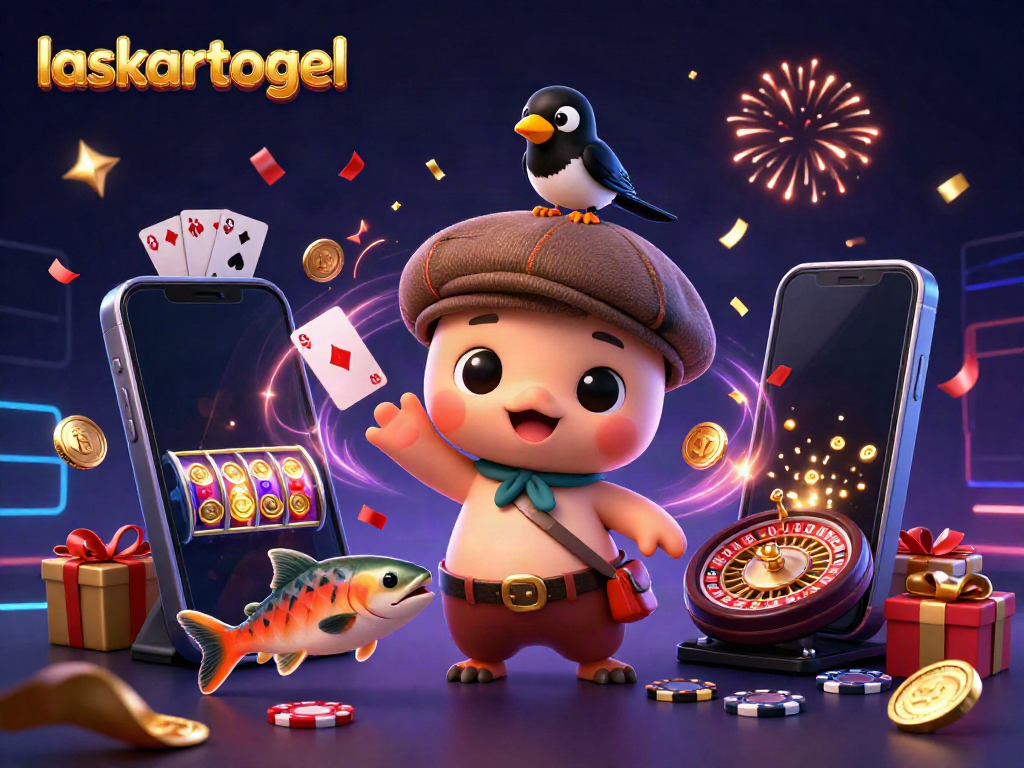 Engage with laskartogel's vibrant 3D scene featuring Nessie, a magpie, and slot games.