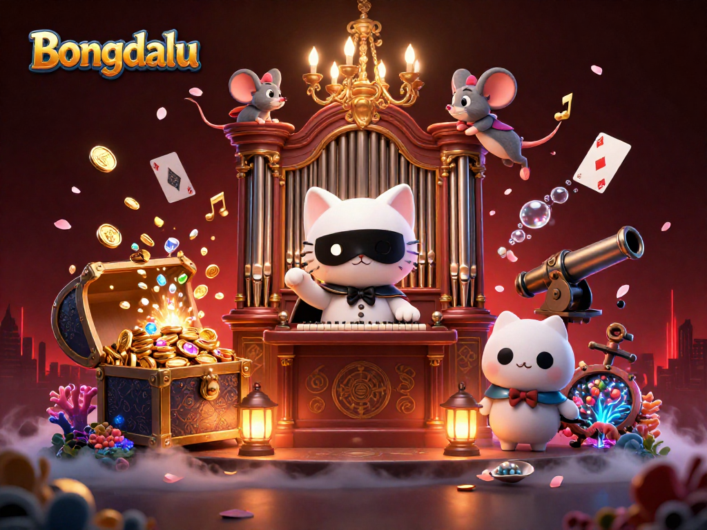 Bongdalu presents a lively casino scene with characters interacting amidst gold coins and musical notes.