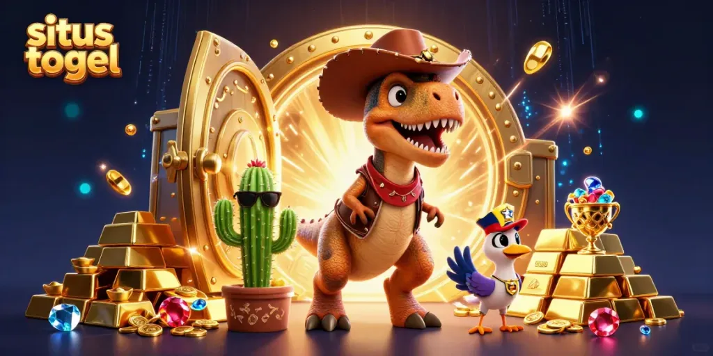 Experience the excitement of situs togel with a vibrant 3D casino scene featuring a cowboy T-Rex and treasures.
