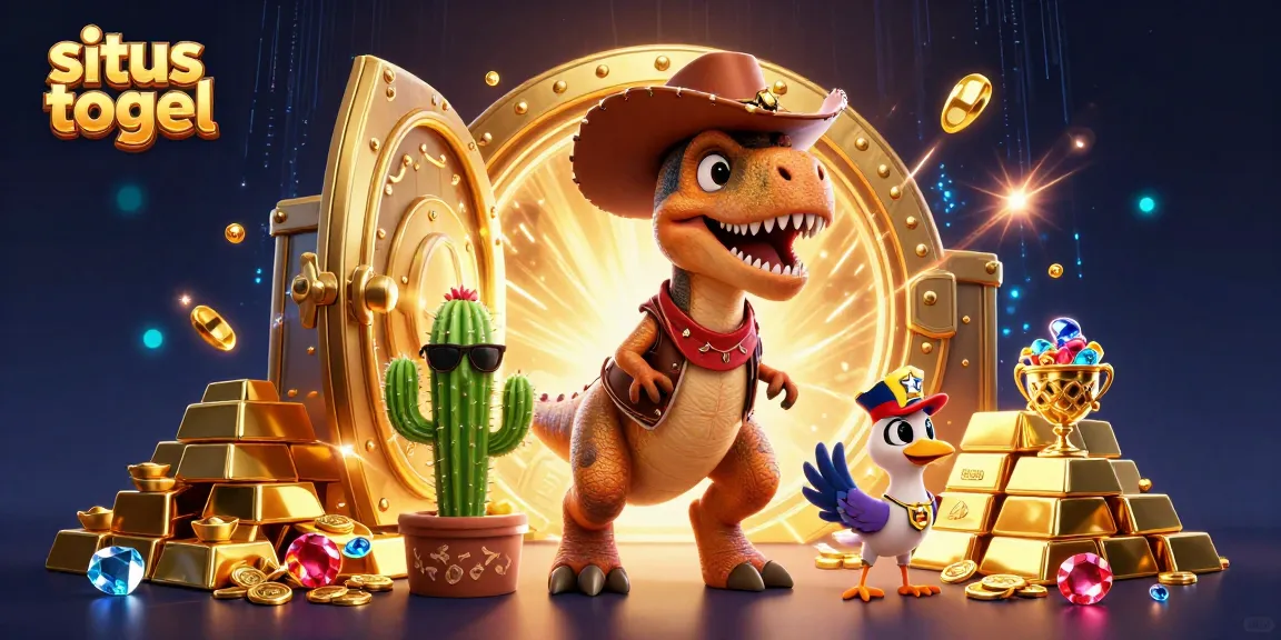 Experience the excitement of situs togel with a vibrant 3D casino scene featuring a cowboy T-Rex and treasures.