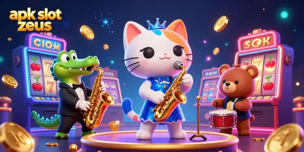 Temukan apk slot zeus dalam ilustrasi kasino yang menarik dengan karakter lucu yang bermain di mesin slot.