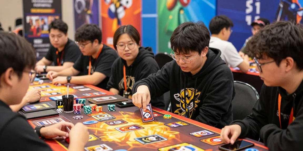Sunwin game enthusiasts immersed in an exciting card game at a vibrant convention.