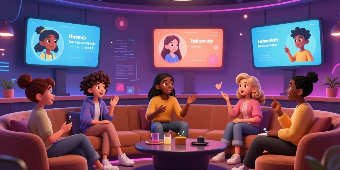 Exciting character AI NSFW chat environment featuring animated characters in a dynamic digital lounge.