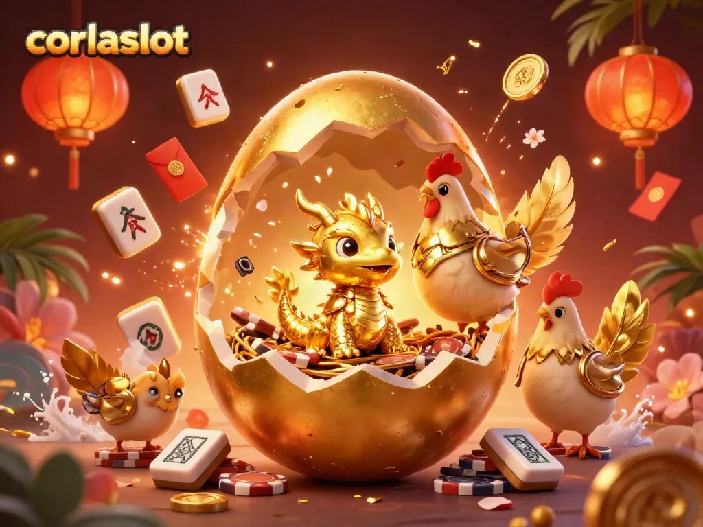 Experience the excitement of corlaslot with a vibrant scene of a golden dragon amidst poker chips and festive decorations.