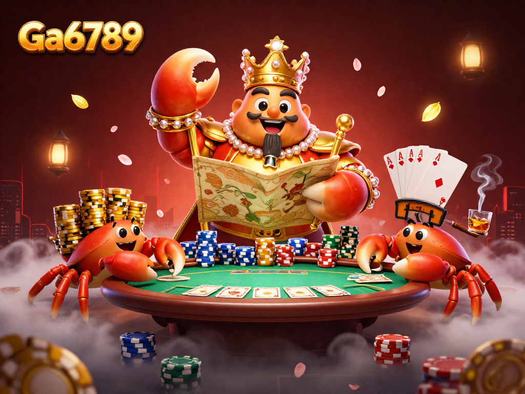 Experience the vibrant Ga6789 gambling scene featuring a golden crab emperor amidst poker elements.