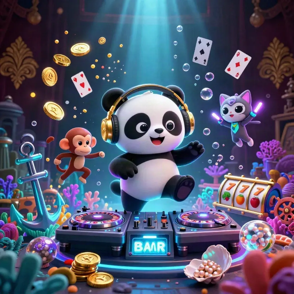 Panda DJ, breakdancing monkey, and glow-stick kitten in a neon underwater treasure cove