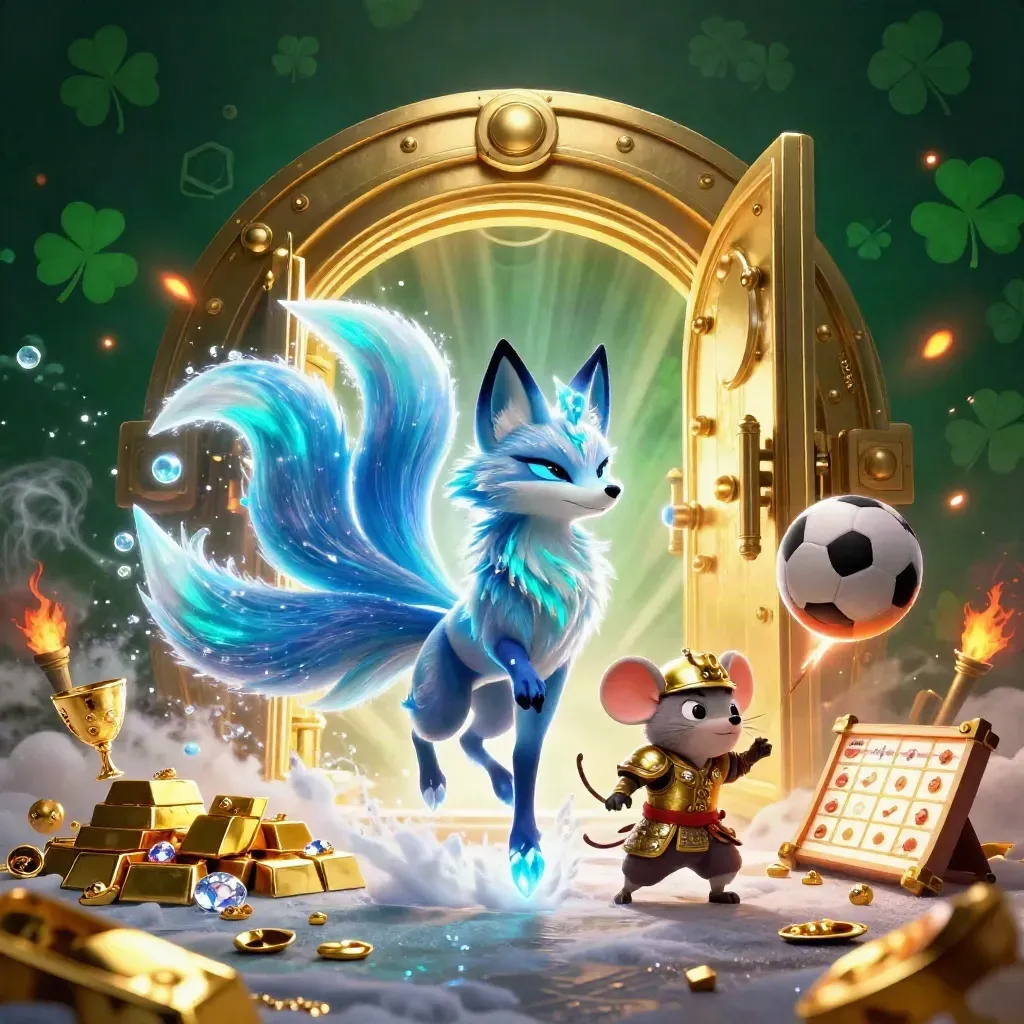 Fox spirit and golden mouse amid casino loot, glowing balls, and dark emerald shamrock light