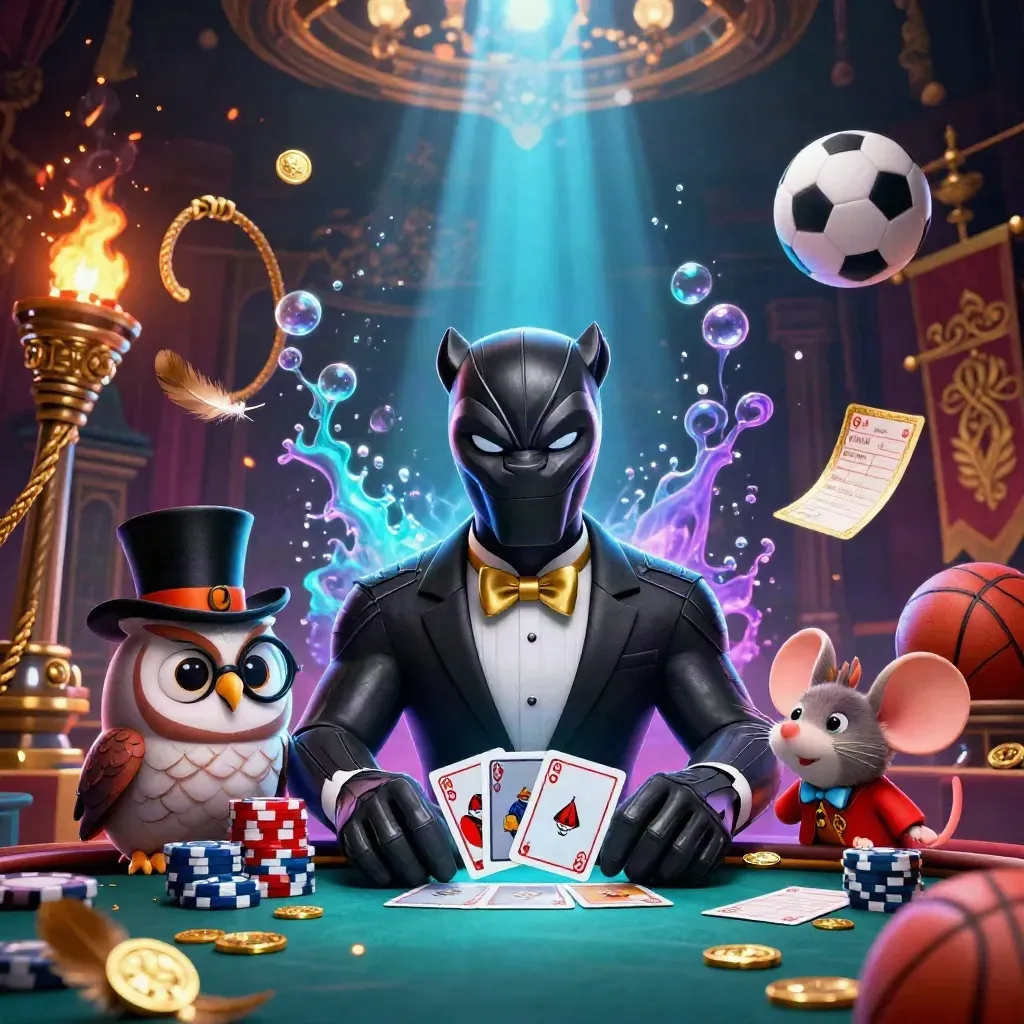 Panther, owl and mouse amid chips, coins, temple gate, ring, soccer ball and basketball in neon casino glow