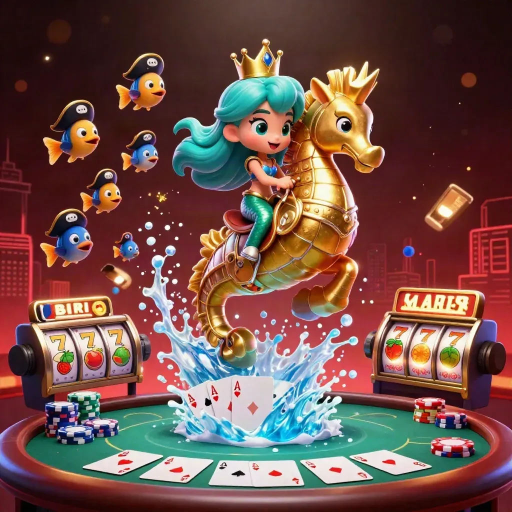 Mermaid princess on an armored seahorse with pirate fish, poker gear, and neon cyan casino magic.
