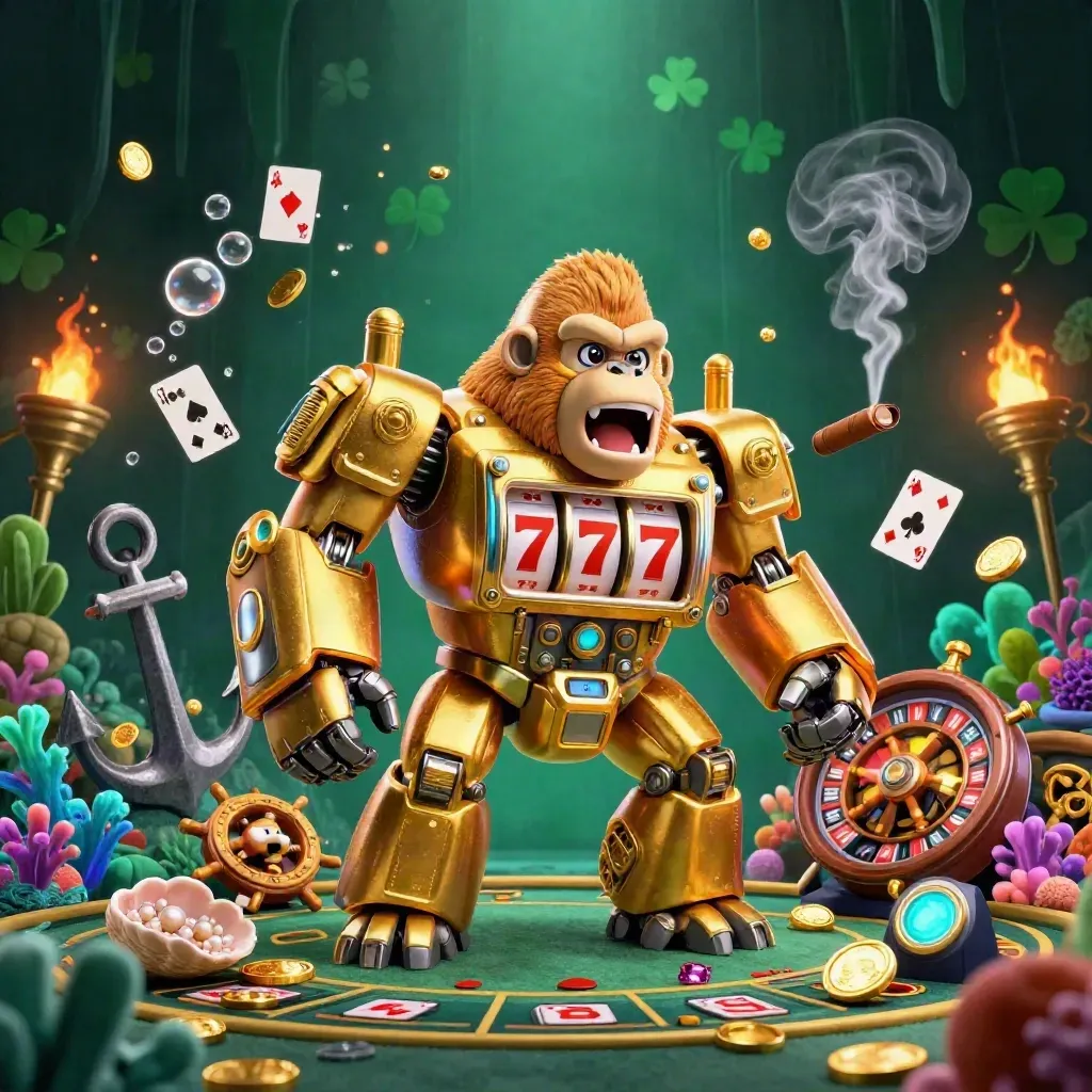 Golden gorilla mech with monkey pilot in a frosted casino treasure cove, lit by cyan and gold.