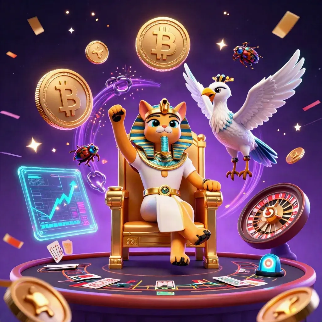 Pharaoh cat and ibis scribe amid neon coins, magic wisps, and casino lights