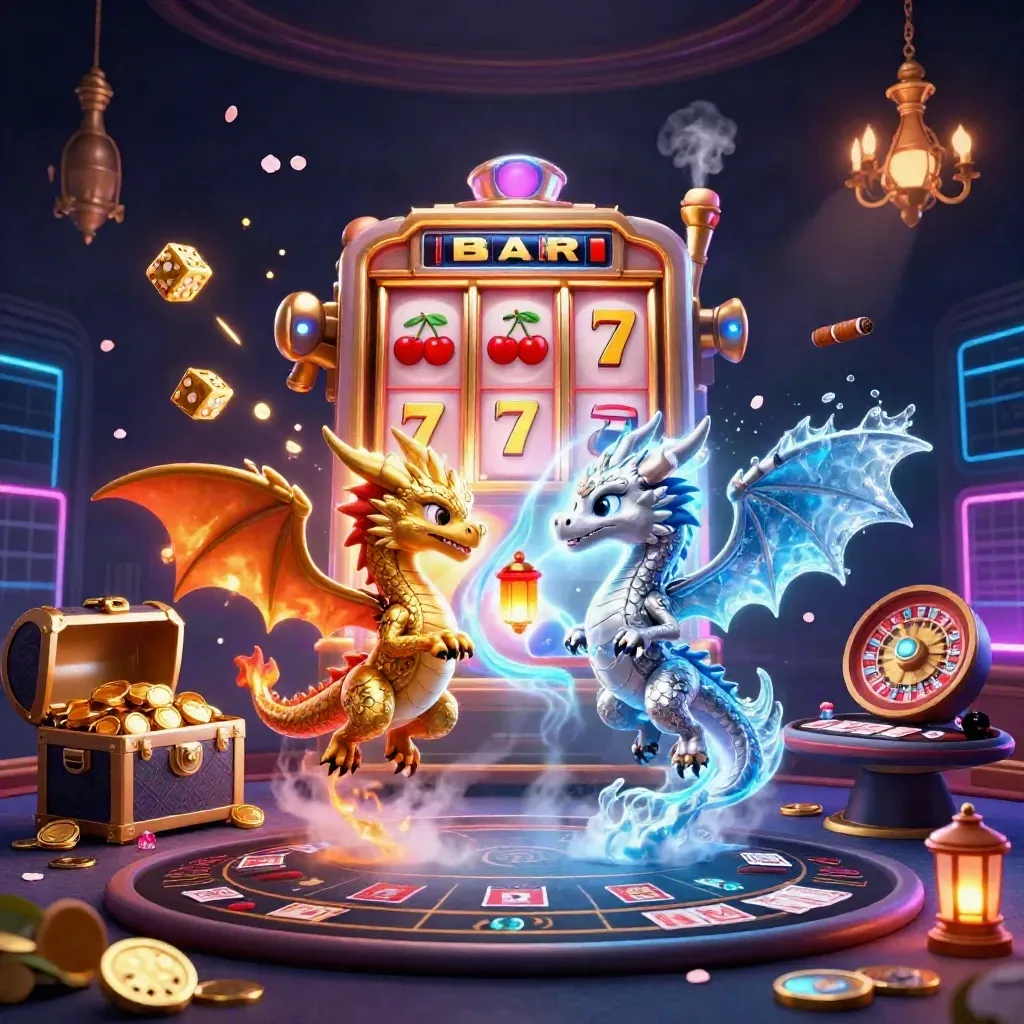 Gold and silver dragons spiral through a frosty casino scene with slot machine, dice, and treasure.