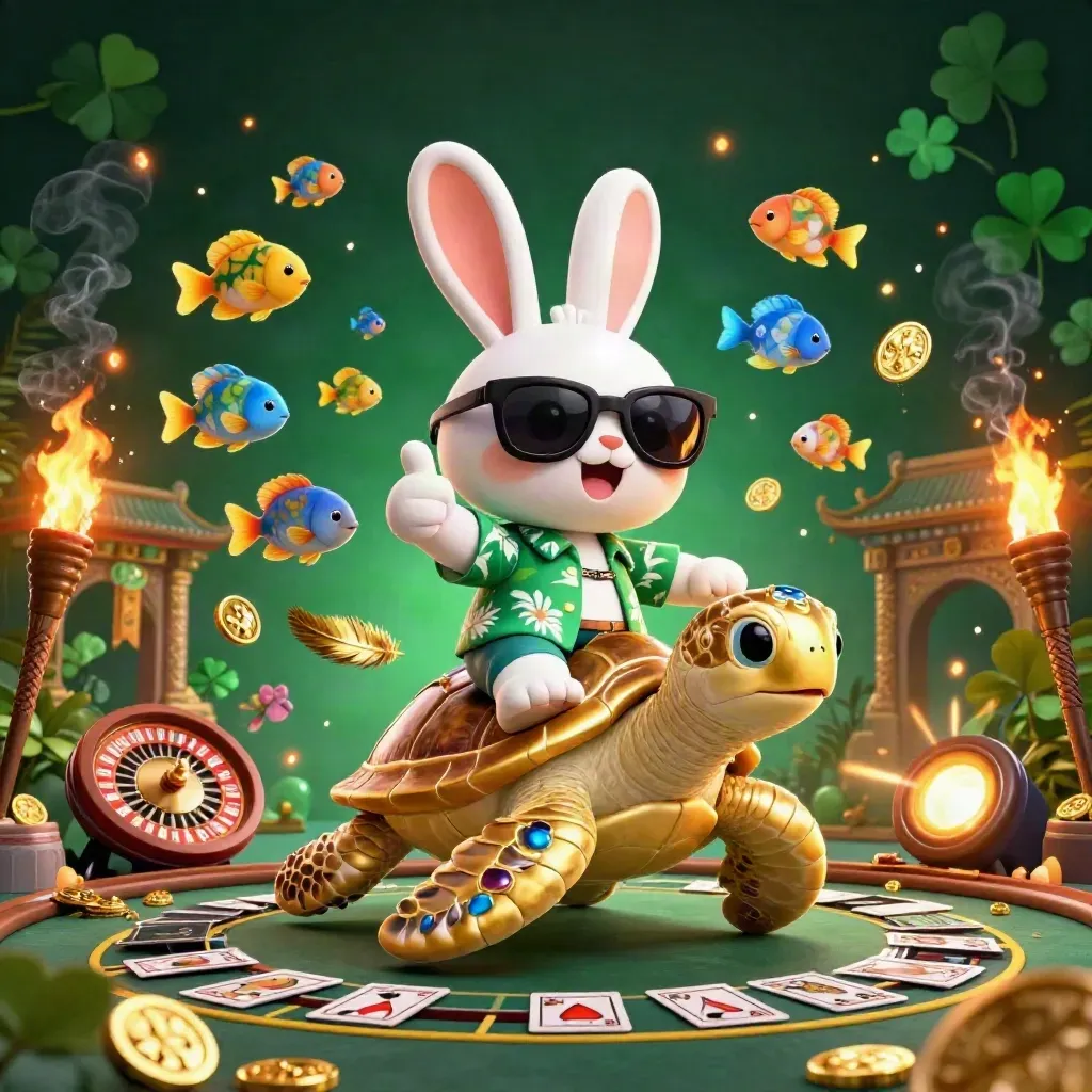 Lucky rabbit on jeweled sea turtle amid casino glow, embers, temple gate, and tropical fish.