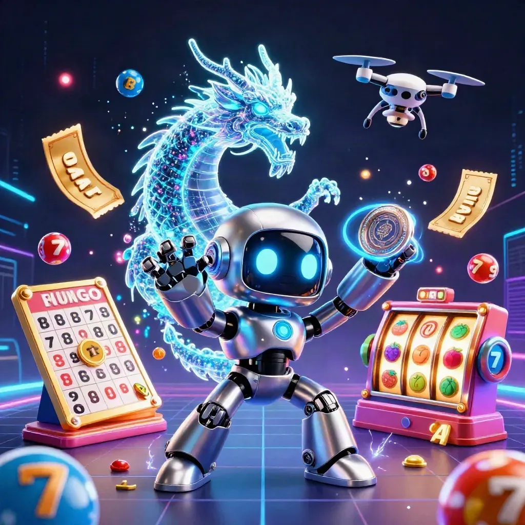 Cyberpunk robot, holographic dragon, and coin drone amid casino loot bursts.